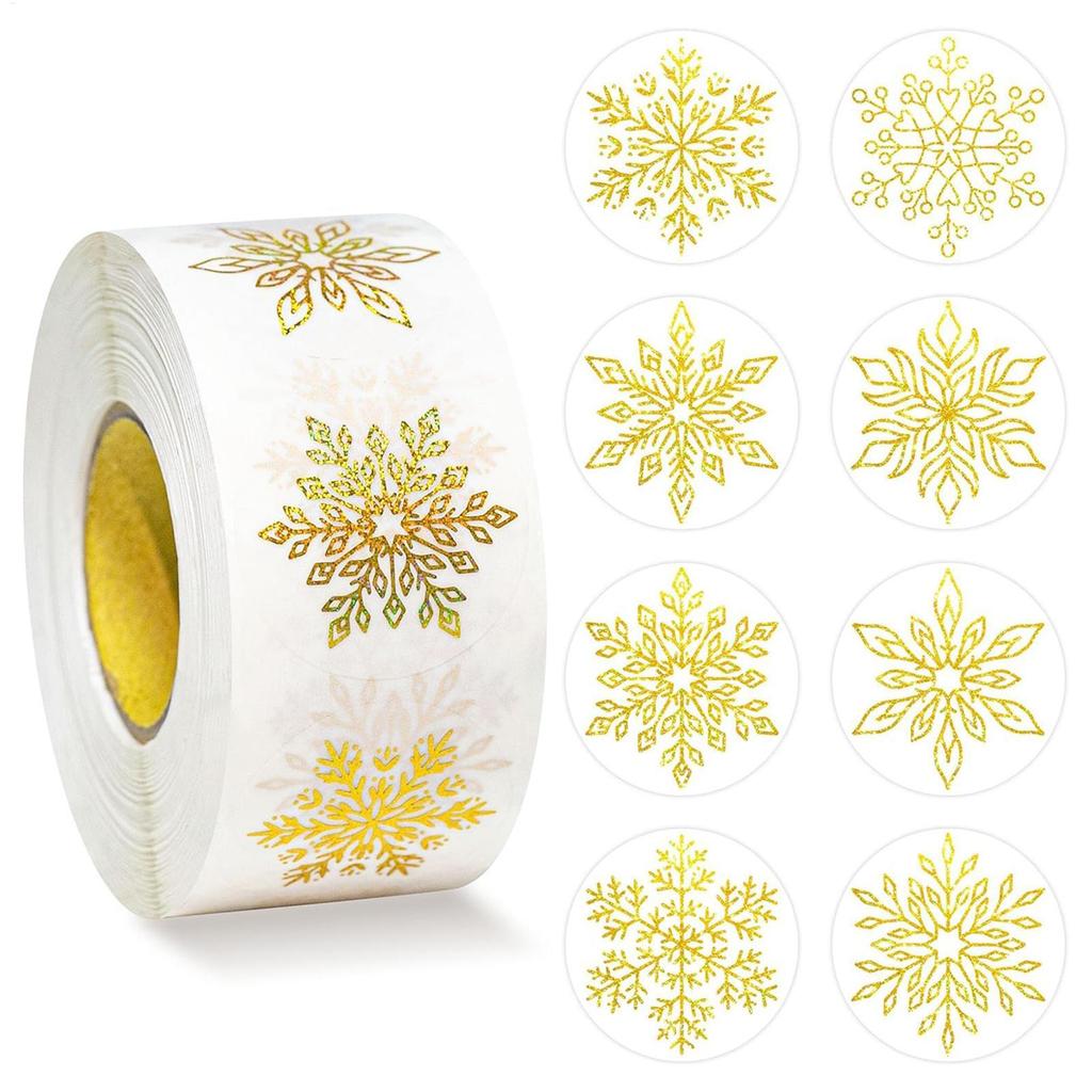 Snowflake Stickers Roll 500 Pieces Round Self-Adhesive Transparent Christmas Labels Holiday Crafts Label Roll Envelope Decal