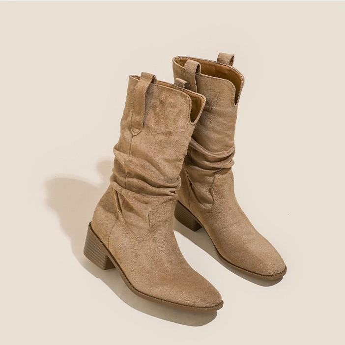 Leather Vintage Maillard Boots Inner Heightening Western Cowboy Pleated Khaki Pile Boots High Heel Knight Boots