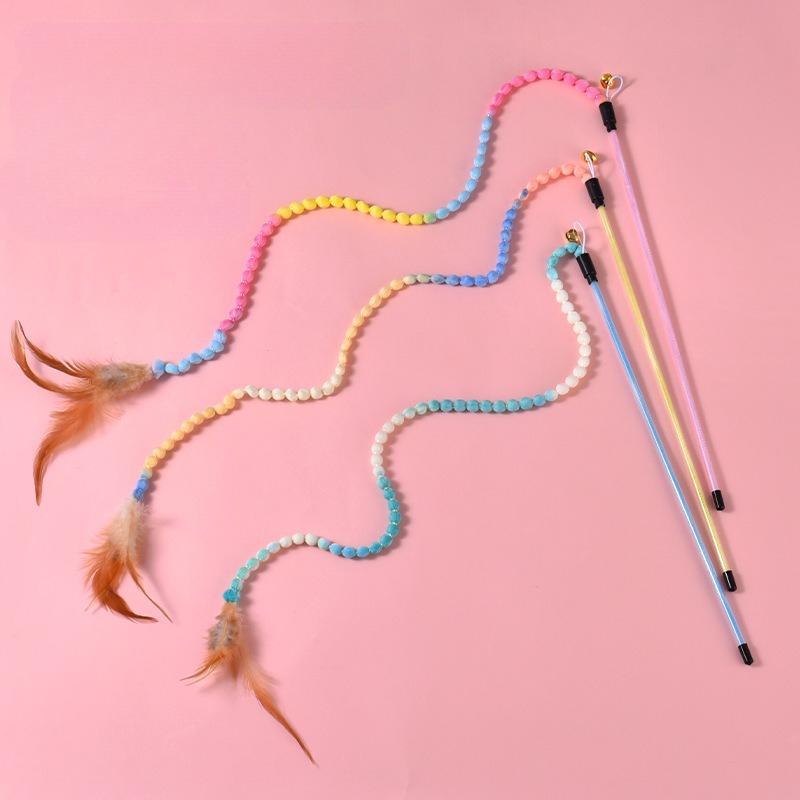 3pcs Interactive Cat Rainbow Wand Toys for Indoor Cats and Kittens, Colorful Cat Teaser Wand String Plush Toy Cat Feather Toys