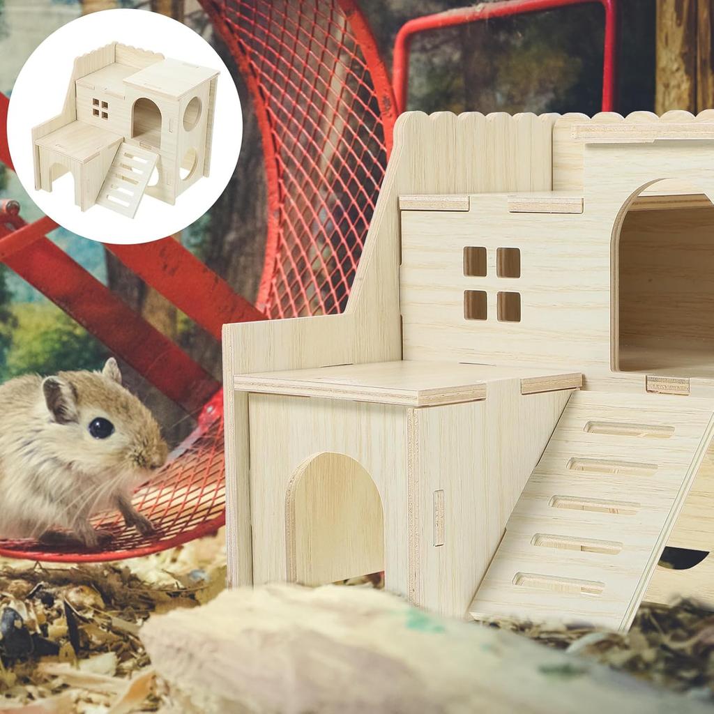 LOGOFUN Wooden Hamster Hideout Castle Multi-Chamber Hide Hut with Climbing Ladder for Chinchillas Guinea Pigs Small Pet Cage Accessories - 6 * 5 *