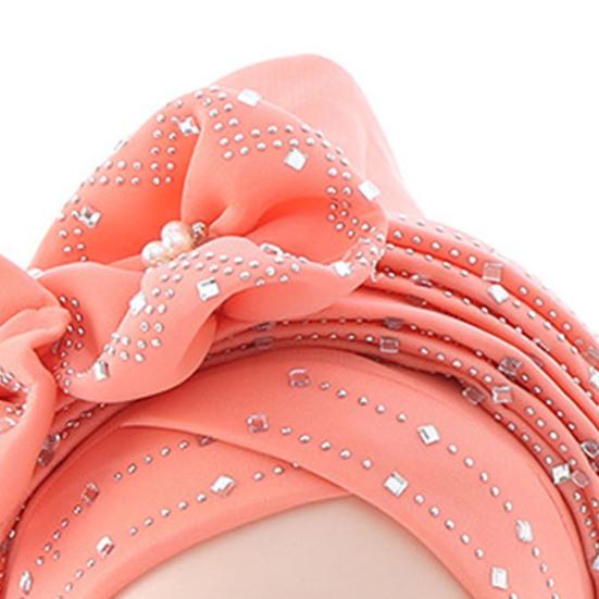 Einfarbige vorgebundene Kreuzwickel-Turban-Mütze mit Blumendekor und Strass-Kopfschal-Kappe Haaraccessoires