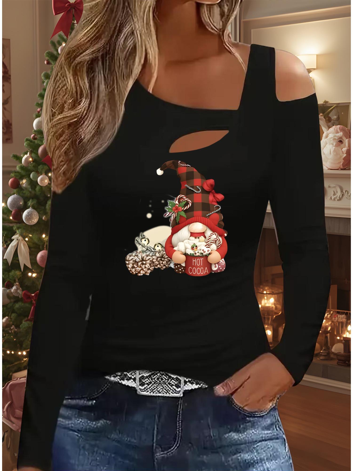 

Осень и Зима Женский Новый Повседневный Топ с Длинным Рукавом Рождественский Узор Идеальный Подарок на Хэллоуин Рождество Футболка S чёрный