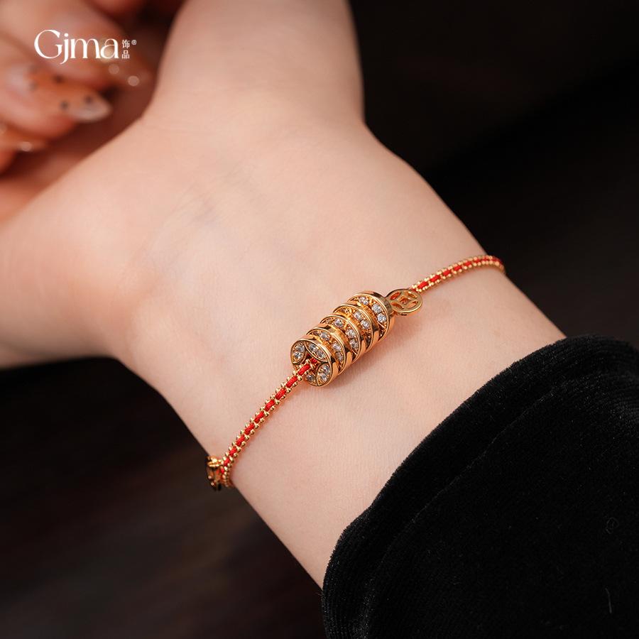 18k real gold electroplated new Chinese zircon copper coin red rope bracelet bracelet retro temperament jewelry