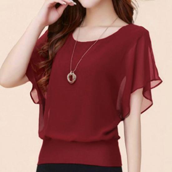 Damen Sommer Tops O-Ausschnitt Kurzarm Chiffon Tops Lockere Passform Einfarbig Dünne Pullover Tops Lässige Büroarbeitsoberteile