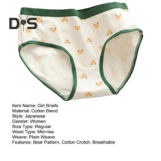Japanese Style Teenage Girls Panties Cute Bear Pattern Green Cotton Crotch Briefs Mid Rise Cartoon Student Underpants