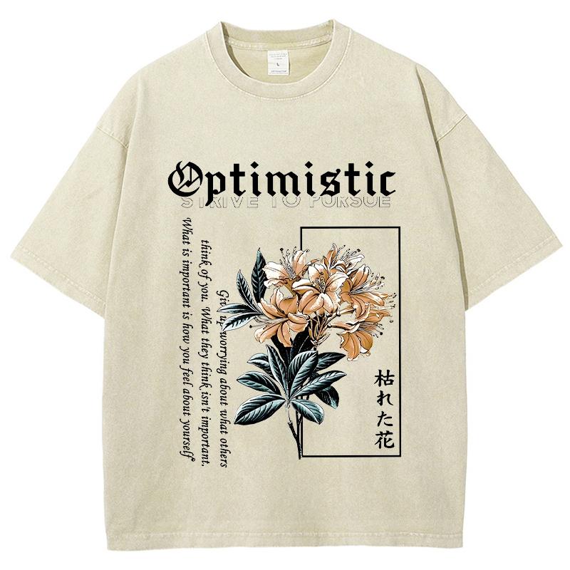 Flower Optimistic Letter Printed Vintage Washed T-Shirt Women Oversize Trendy T-Shirt Men Cotton Fashionable Loose Short Sleeved
