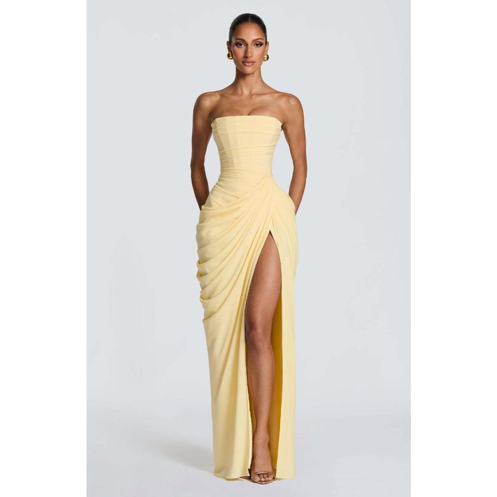 Damen Trägerloses Raffung Schlitz Maxikleid, Sexy Figurbetontes Abendparty Langes Kleid, Europäischer Amerikanischer Stil Formelles Cocktailkleid