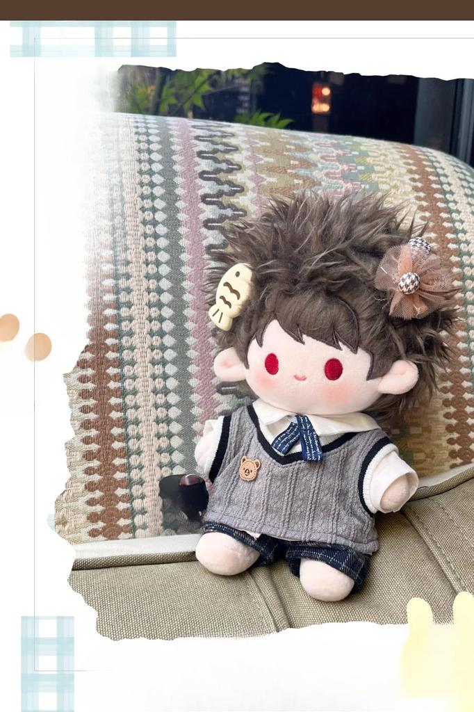 20cm Plush Doll Clothes, Handmade, Stuffed Doll Clothes, 4-Piece School-Style Plush Outfit Set: Vest, Shirt, Ribbon, and Pants (Gray, 20cm) [Used]