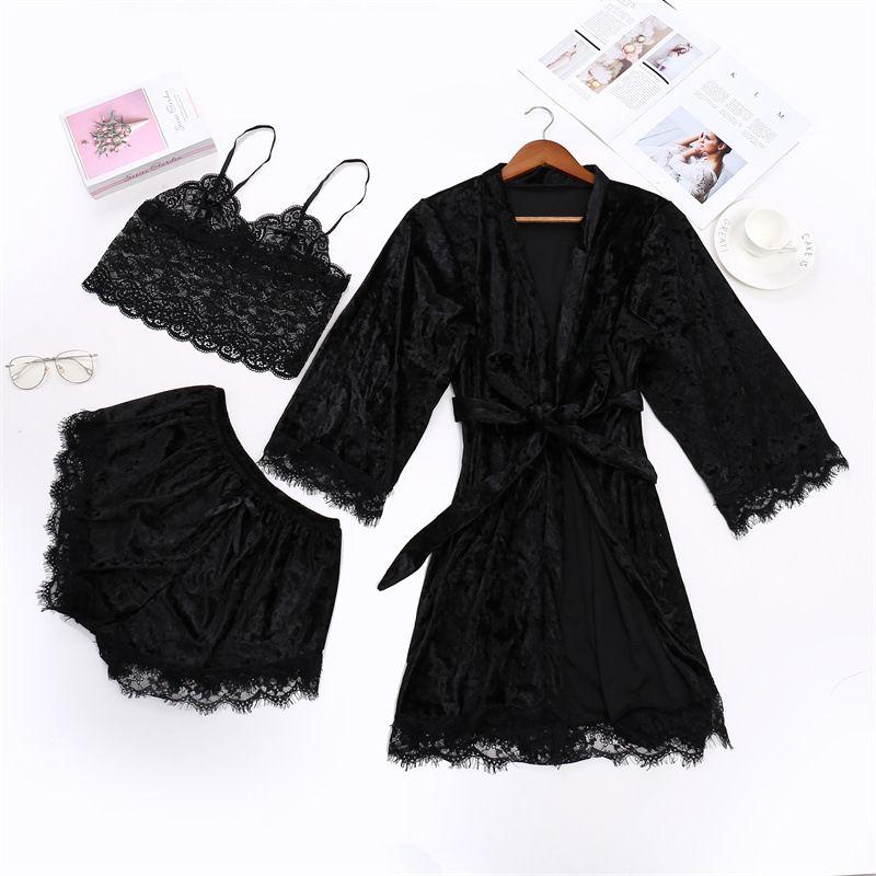 

Women s Pajamas 3 Pieces Lace Tops Home Sexy V-neck Strap Gold Velvet Women s Pajamas Black XXL