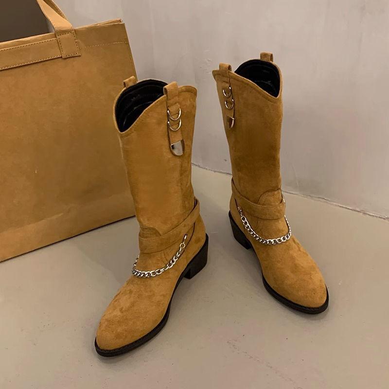 Fashion Retro Belt Buckle Middle Heel Ladies Mid Calf Shoes Comfortable and Elegant Fashion 2025 Cosplay Trend Women's Half High Boots