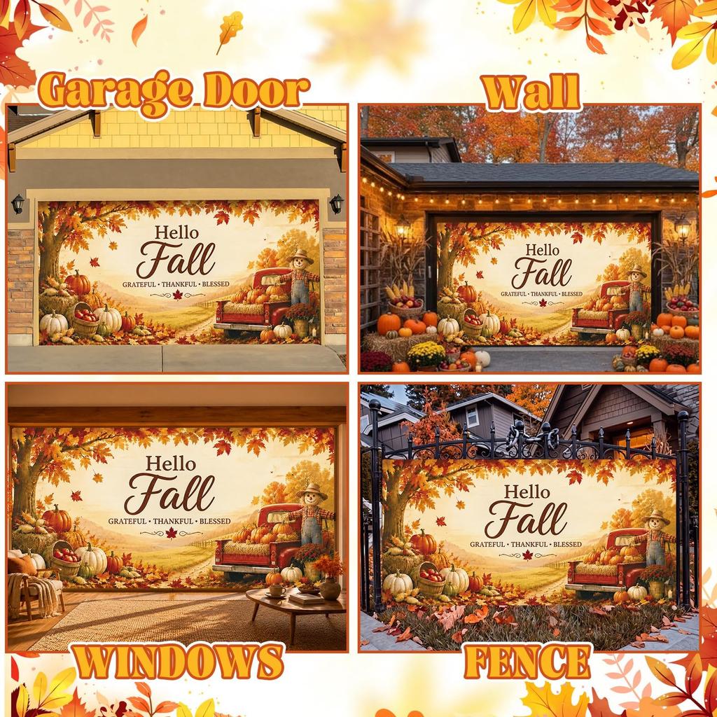 8 x 16 ft Hello Fall Garage Door Cover, Pumpkin Barn Banner Decor