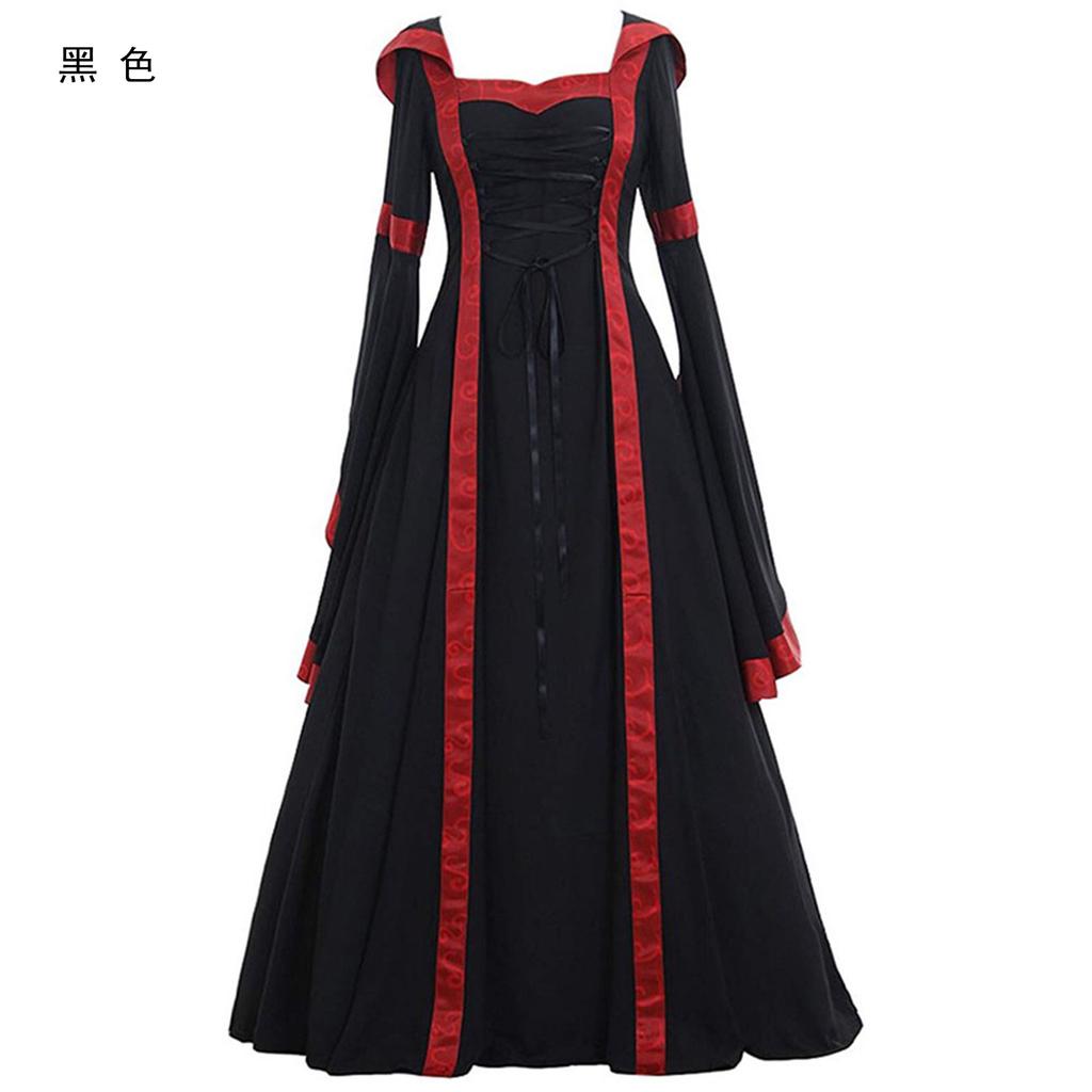 Women Medieval Renaissance Hooded Maxi Dress Square Front Lace Up Flare Bell Sleeve Full Swing Gown S-5XL Plus Size