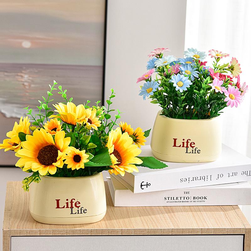Living Room Decor: Artificial Sunflower and Green Plant Arrangements, Small Potted Plants, and Plastic Bouquets