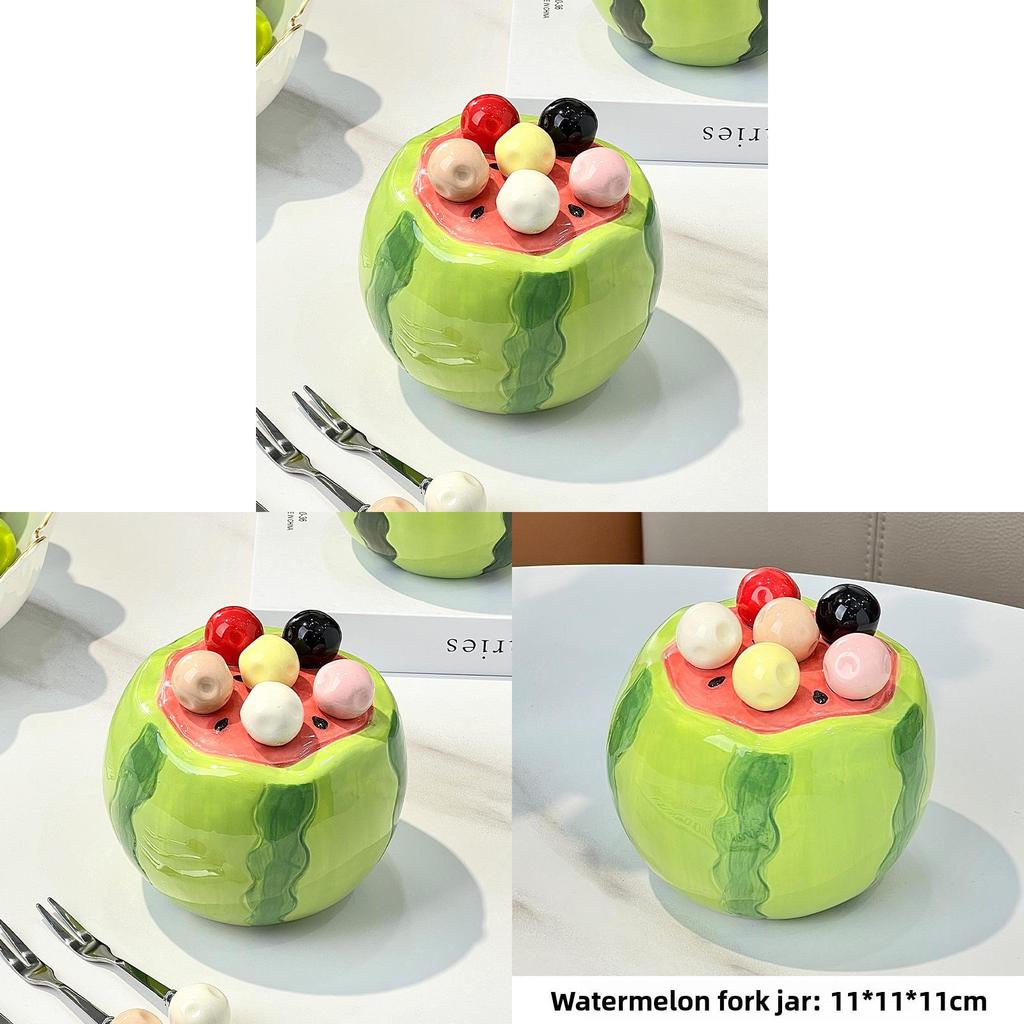 Watermelon Fruit Shape Storage Jar With Six Stainless Steel Forks For Kids Daily Use
