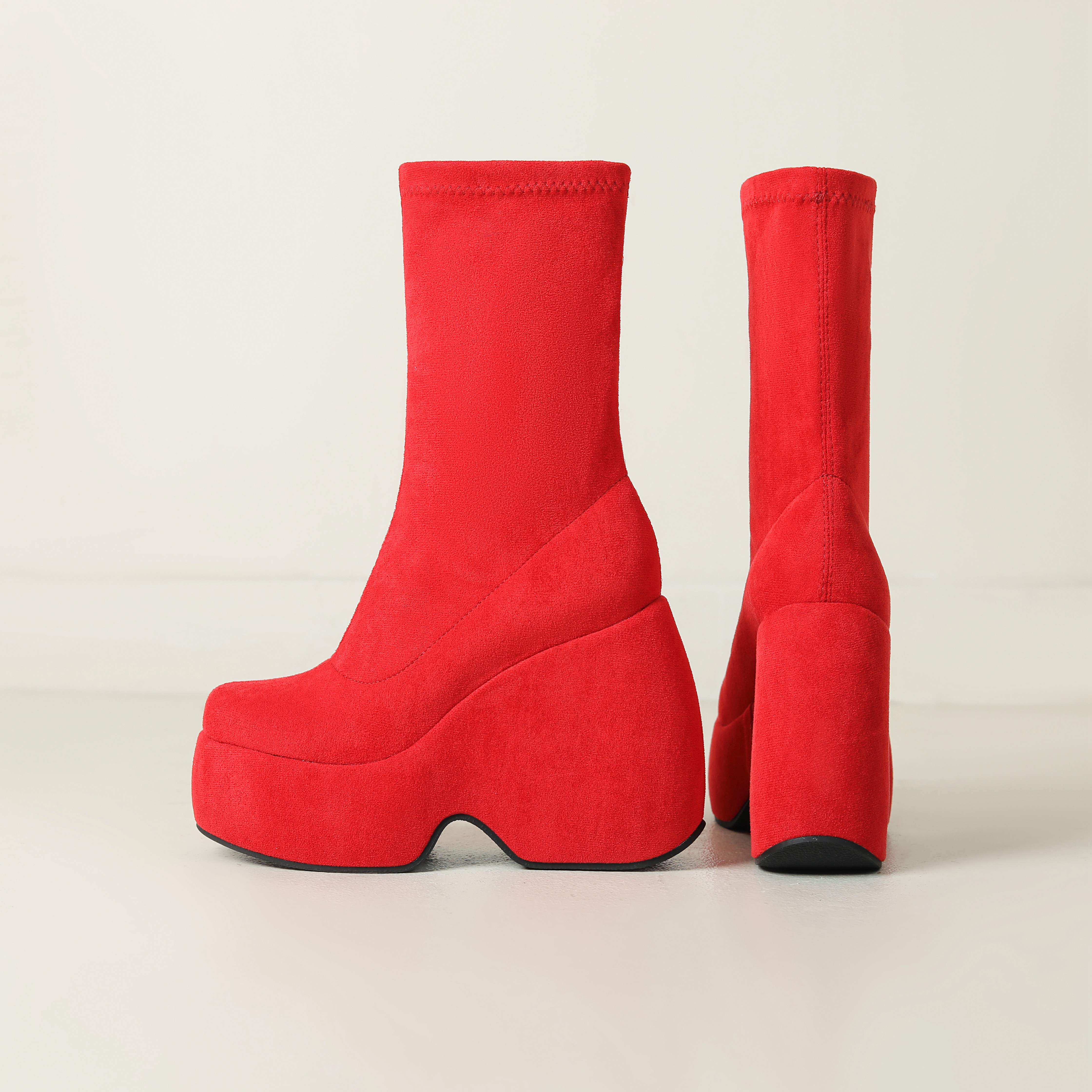 

Осенне-зимняя обувь Lenkisen Flock на очень высоком каблуке с эластичной платформой, сохраняющая тепло, модные полусапоги 41 красный