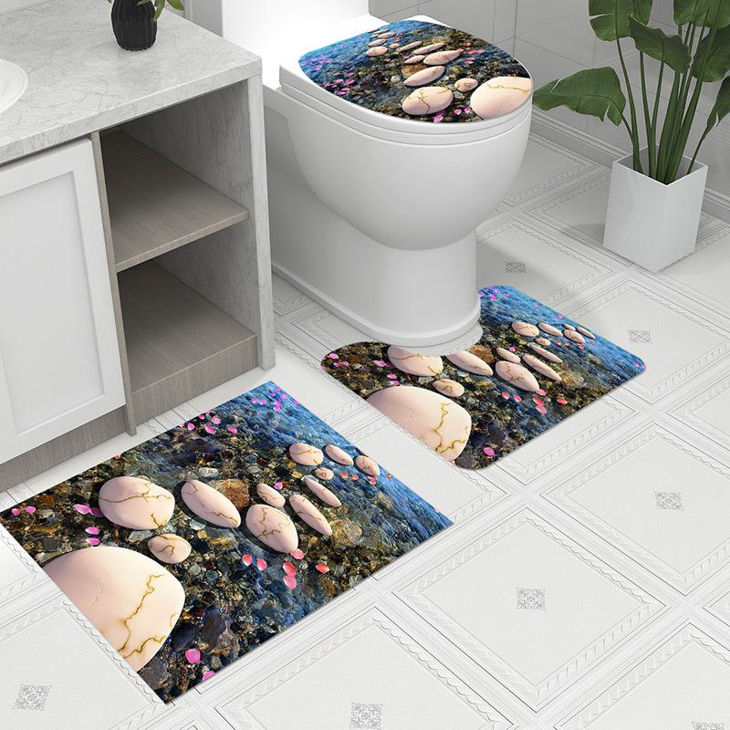 3pcs Bath Mat Set Bohemia Flower Anti-Slip Carpet Doormat Toilet Lid Toilet Seat CoverToilet Seat Mat Bath Rug Accessories