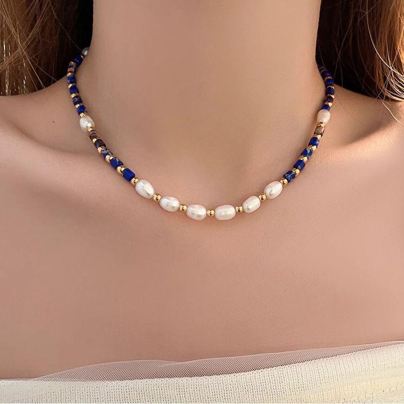 Nouvel Arrivage 100% Naturel Perle d'Eau Douce & Pierre Lapis-Lazuli Plaqué Or 14K Chaîne de Perles Féminine Collier Pour Femmes