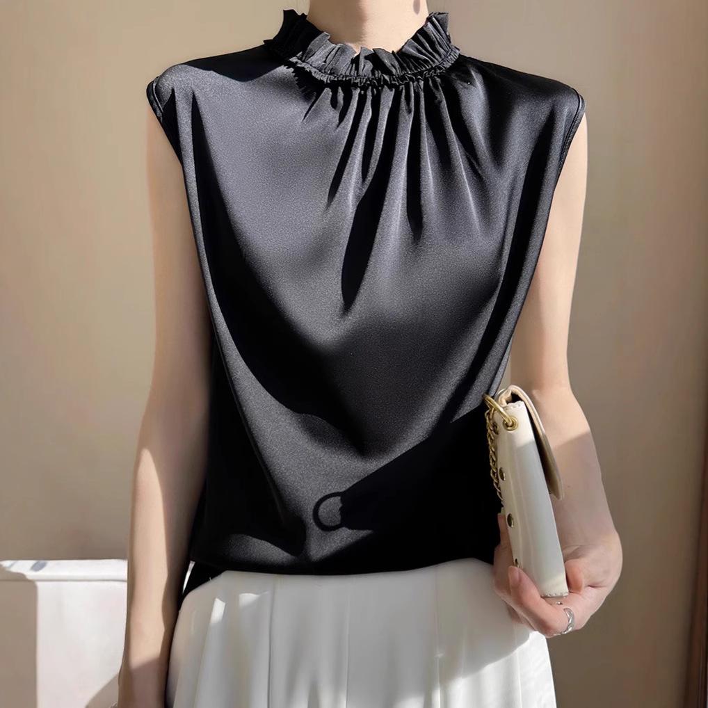 

French Chic Sleeveless Ruffled Satin Top M