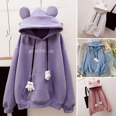 Herbst Winter Frauen Hoodie Cartoon Hand Kordelzug Ohr Dekor Dicke aufgesetzte Tasche Lose Lange Ärmel Pullover Warm Brief Stickerei Top