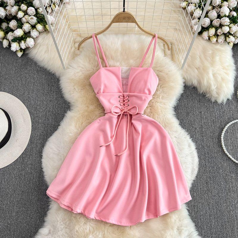 

Summer Korean New Nightclub Sexy Tube Top Suspender Skirt Mesh Patchwork Cut Out Lace-up Waist-Controlled A- line Dress Pink All yards