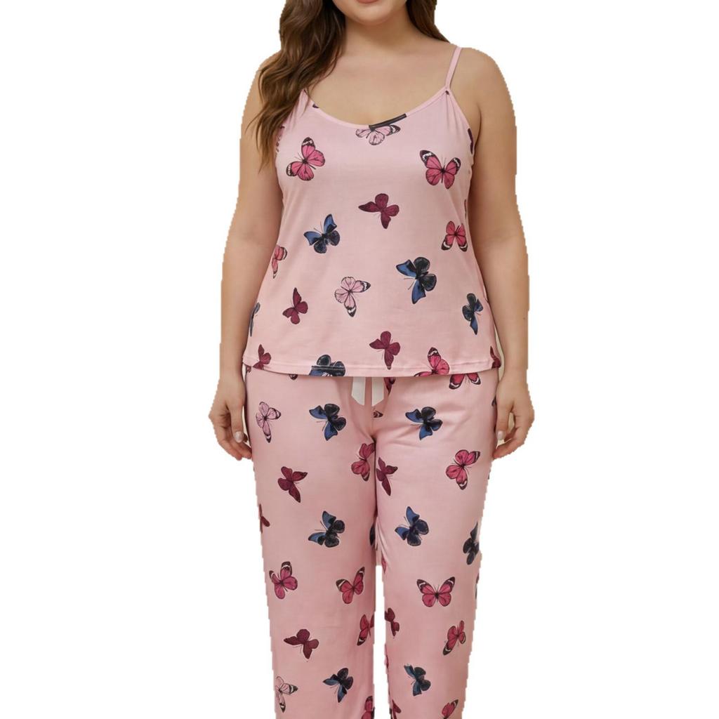 Women's Plus Size Butterfly Print Pajama Set: Sleeveless Camisole & Long Pants
