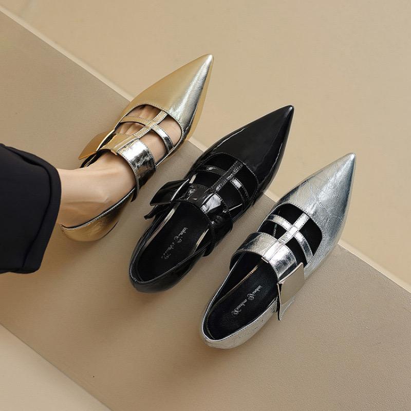 2025new Spring Autumn Women Pumps Natural Leather 22-24.5cm Cowhide+sheepskin+pigskin Pointed Toe T-strap Buckle Jane Shoes