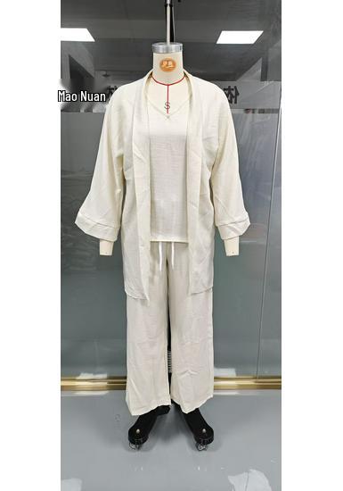 European/American Spring-Fall Three-Piece Set: Loose 9-Sleeve Cardigan, Sleeveless Vest, and Long Pants.