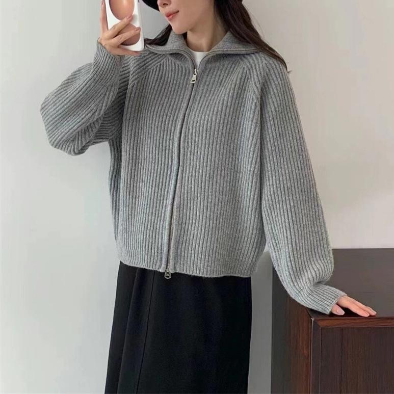 Women's Autumn and Winter Loose Lapel Double Zip Knitted Cardigan Sweater