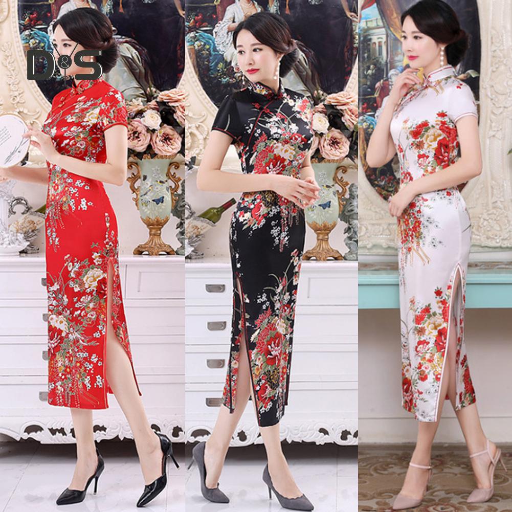 Купить Платье Cheongsam с разрезом и короткими рукавами в китайском ...