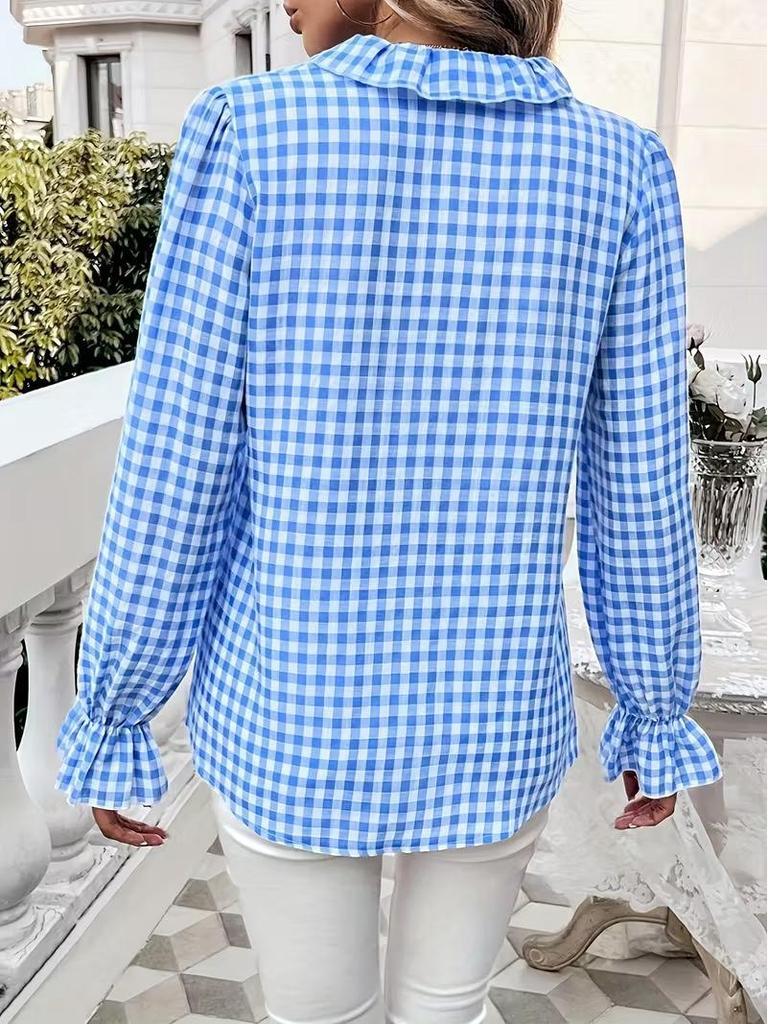 2026 Spring/Summer Women's Elegant Ruffle Plaid Long Sleeve Shirt