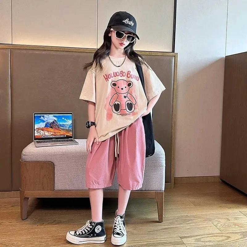 Girls Sports Two-Piece Summer Models Foreign Style Girls Big Girl Summer Short-Sleeved Suit Children's Casual T-Shirt Suit