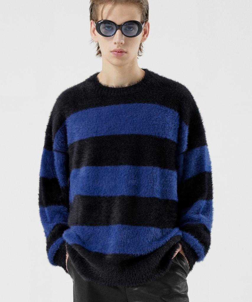 TRILLION Hairy Brush Striped Crew Neck Knit (Blue)