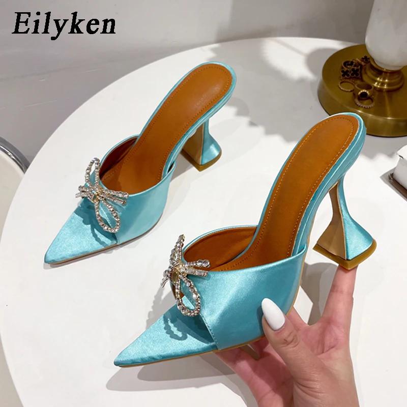 Fashion Eilyken Summer Butterfly-knot Pointed CRYSTAL Thick Heel Slippers Sexy Street Woman Square Toes Dress Shoes Zapatilla De Mujer