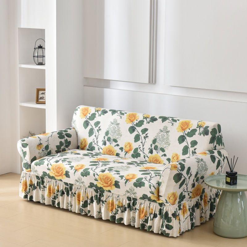 Floral Digital Print Elastic Sofa Cover with Ruffled Hem - Stretchy One-Piece Design, Adjustable Straps  Couch Covers for Sofa
