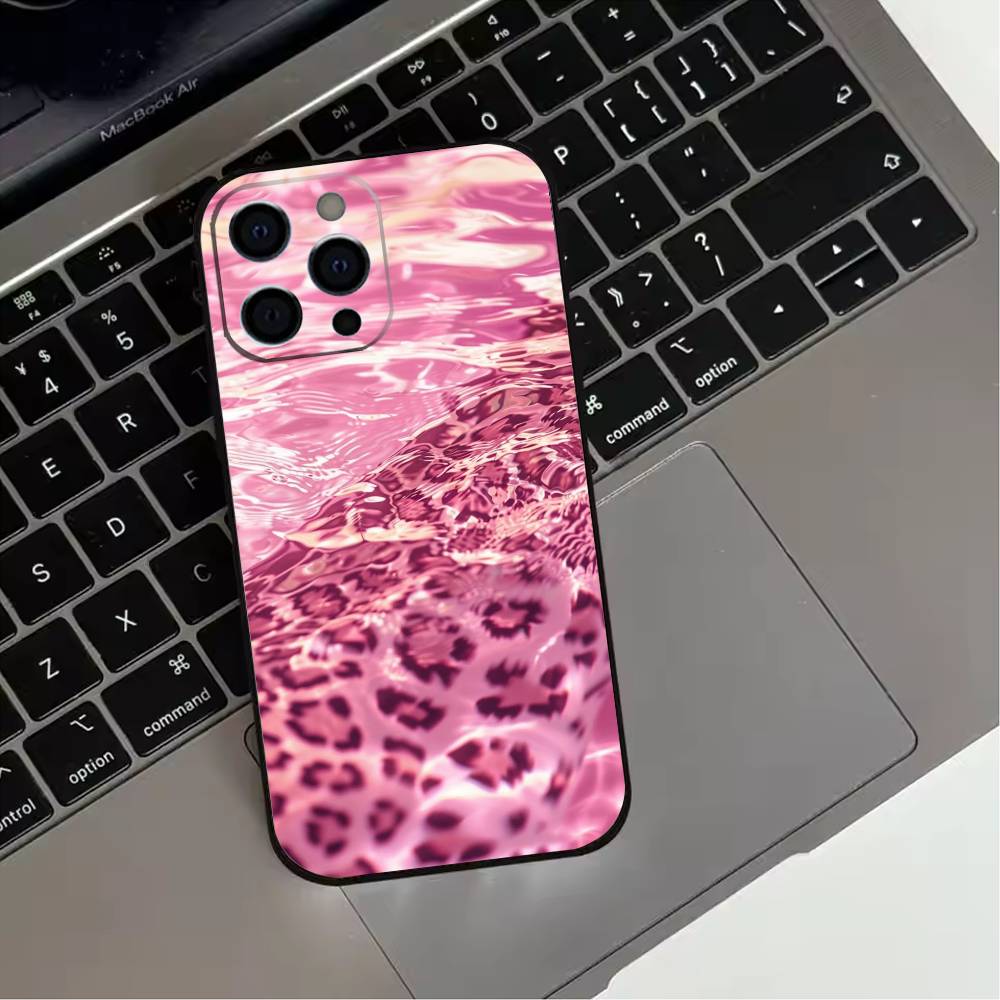 Fashion Pink Leopard Print Phone Case For iPhone 17,16,15,14,13,12,11 Plus,Pro Max,XS,Soft Silicone Black Cover