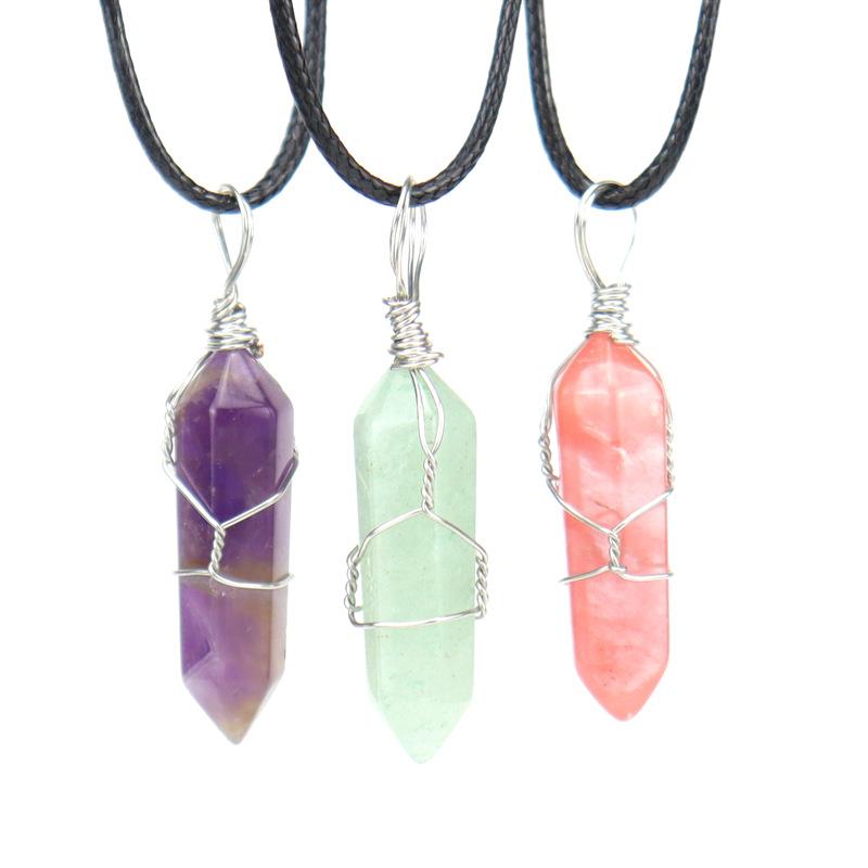Hand-Wound Natural Stone Crystal Hexagonal Column Pendant Necklace N538 Geometric Beauty