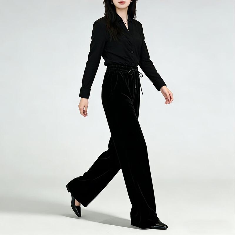 Han Meng Xuan 100% Mulberry Silk Velvet Wide-Leg Pants