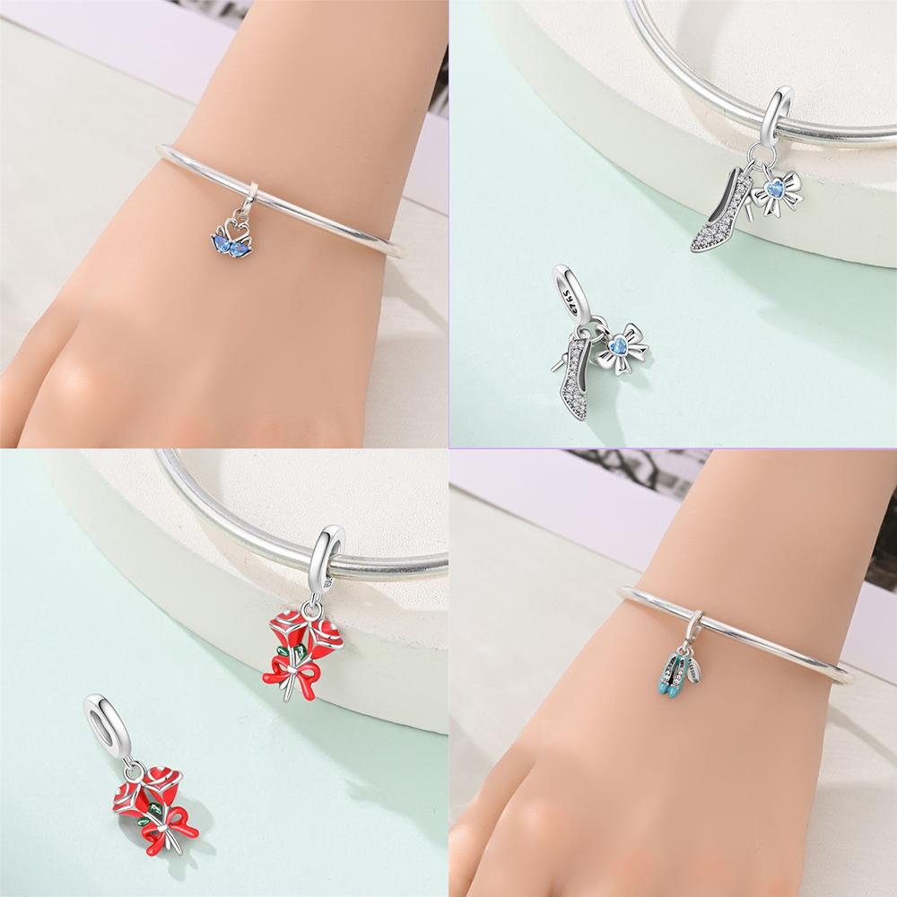 Charms Copper Original Blue Zircon Swan Pendant Butterfly Shoes Bead Fit Bracelet Women Jewelry Diy Accessory Gift