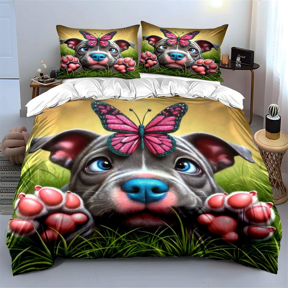 Dog Butterfly Decor Three-Piece Soft Comfortable Duvet Cover Bedding Set Included 1*Duvet Cover & 2*Pillowcases, Gift