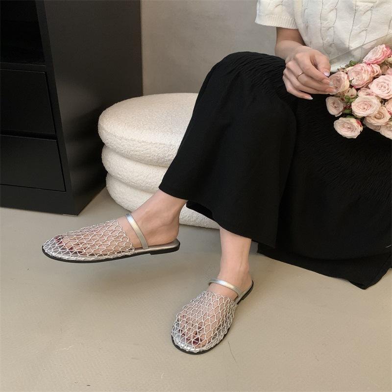 Sheepskin version~ Baotou back strap fishing net flat sandals Roman shoes summer new hollow comfortable beach half slippers