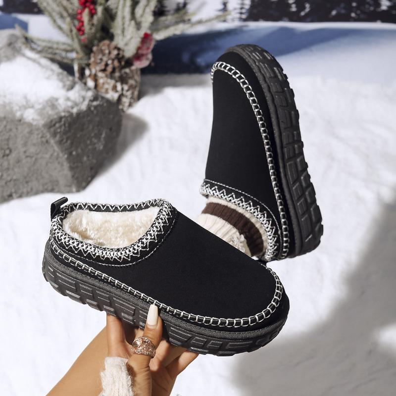2025 Winter Platform Cotton Slippers Women's Plus Size Muffins Fleece Warm Lace Lazy Toe Slippers