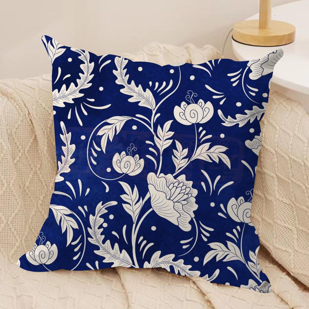 Ethnic Style Blue Floral Cushion Cover Silky Short Plush Sofa Pillow Cover Hidden Zipper Soft Dustproof Case for Home Decor