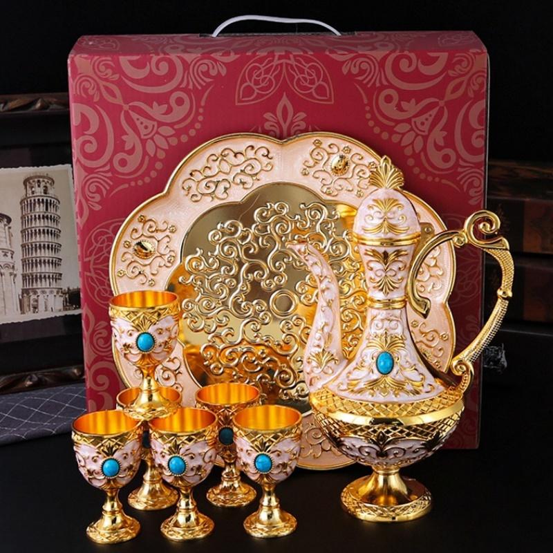 European Wine Set, Alloy Home Wine Pot Wine Glass Set, Exquisite Vintage Wine Glass, Wine Pot Home Living Room Decoration, 1Set