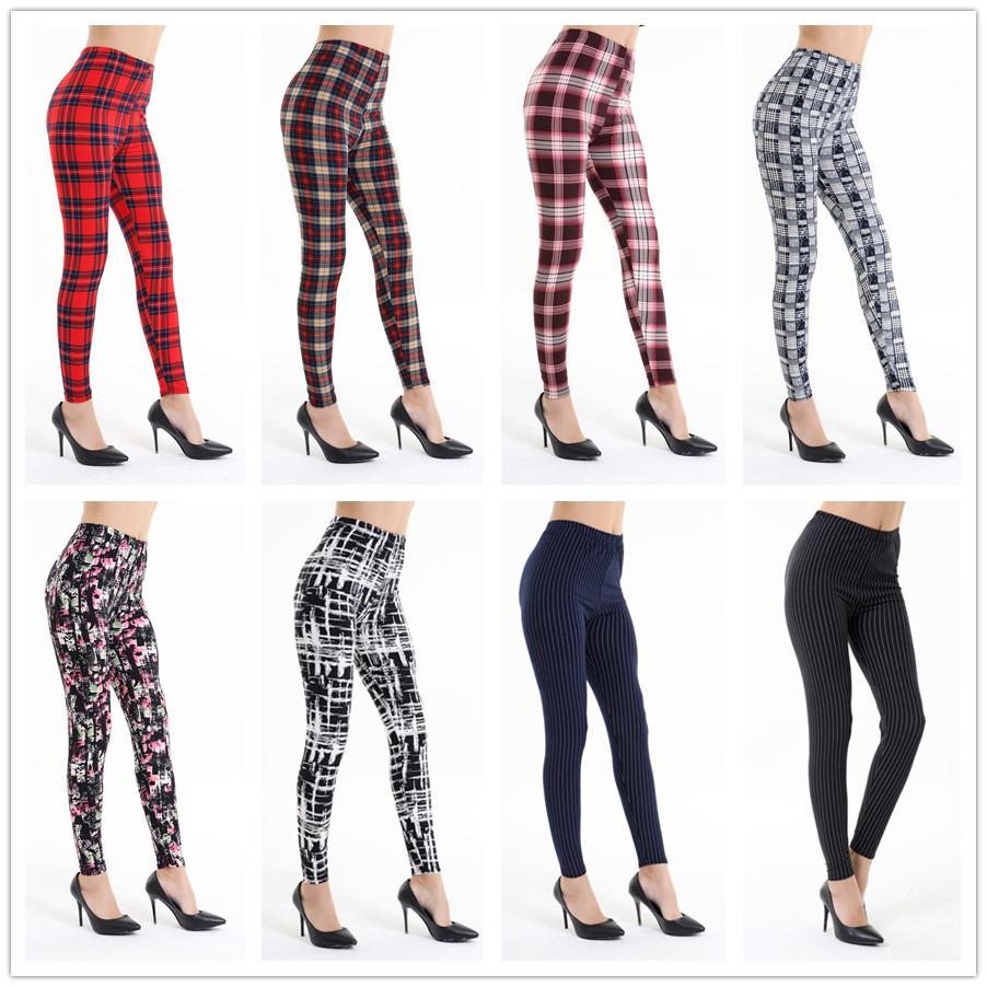 European & American Striped Plaid Print Slimming Nine-Point Plus Size Leggings
