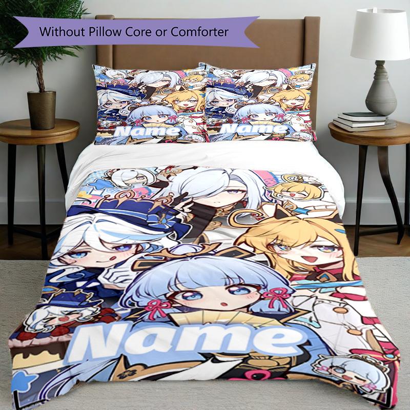 3pcs Duvet Cover Set (1*Duvet Cover + 2*Pillowcase, Without Core), Custom Name Genshin Impact Pattern Bedding Set, Home Bedroom Decor Gift