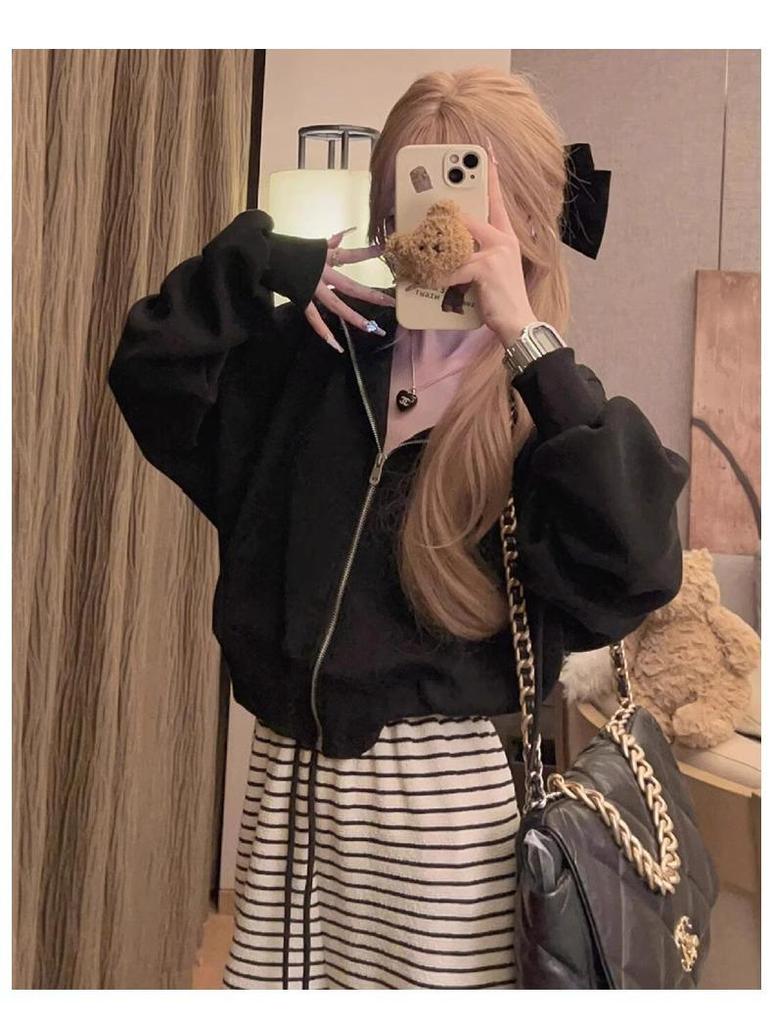Petite Fleece-Lined Black & White Striped High-Waist Wide-Leg Pants for Women - Autumn/Winter