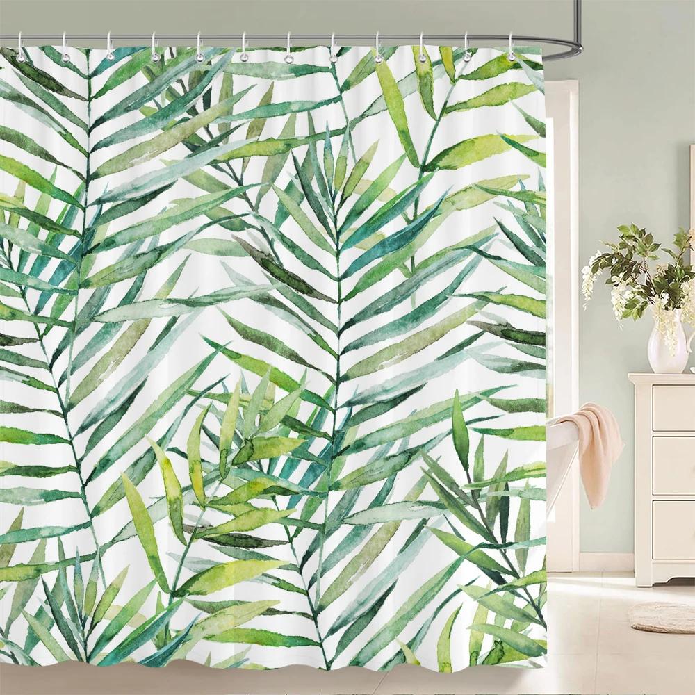Tropische Pflanzenblätter Duschvorhang Nordisch Minimalistisch Floral Badevorhang Wasserdichter Stoff 3D Badezimmer Vorhänge Mit Haken