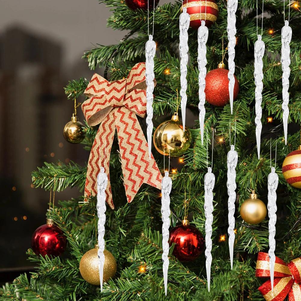 12/24Pcs Christmas Simulation Icicle Pendants Transparent Icicles Decor Clear Crystal Twisted Icicle for New Year Decor