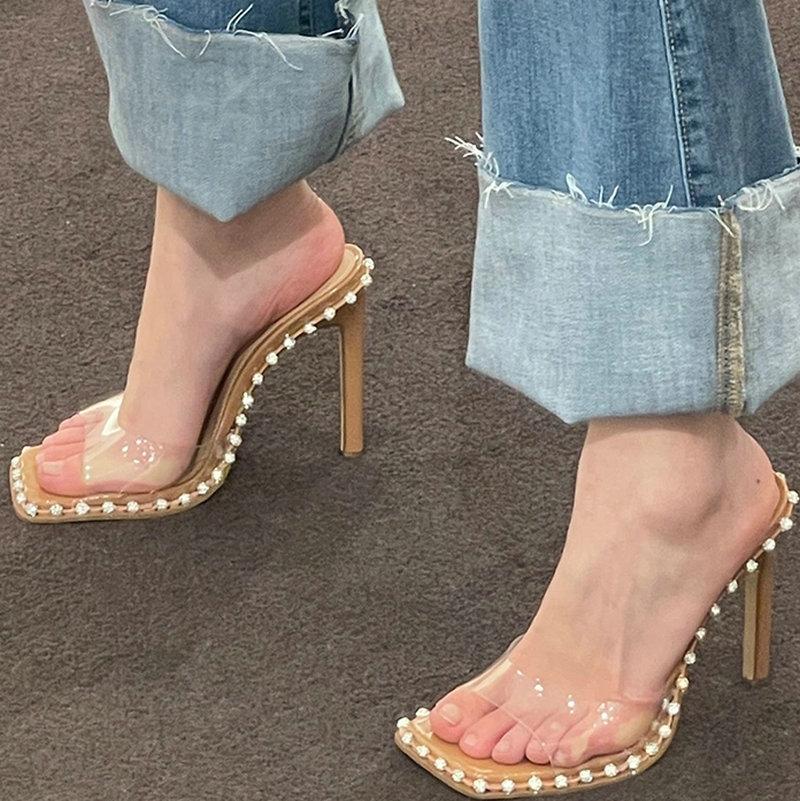 High Heels! Square Head Rhinestone Clear Line Sandals With Open Toe And Nude Slippers