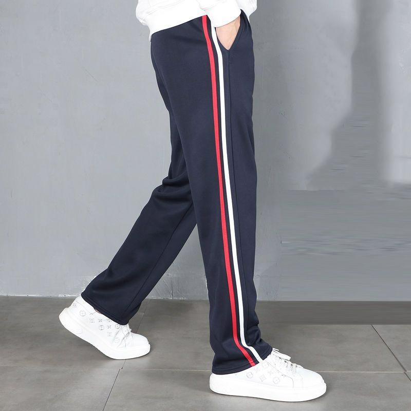 Autumn New Red White Stripes Casual Sports School Uniform Pants Solid Elastic Waist Pockets Durable Breathable Straight Trousers